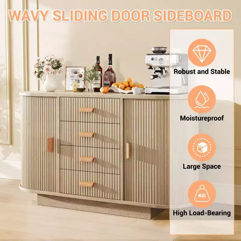 Madia Credenza a Buffet da 47" con Contenitori, Mobiletto Bar a Scanalature con 4 Cassetti e 2 Ante Scorrevoli Ad Arco, Tavolo Moderno in Legno per Buffet e Contenitori
