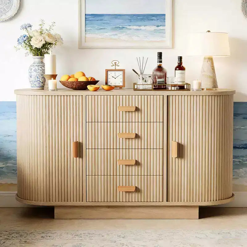 Madia Credenza a Buffet da 47" con Contenitori, Mobiletto Bar a Scanalature con 4 Cassetti e 2 Ante Scorrevoli Ad Arco, Tavolo Moderno in Legno per Buffet e Contenitori