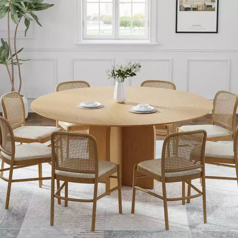 PexFix 59 x 59 Tavolo da Pranzo Rotondo in Legno Massello con Finitura Naturale ed Eleganti Gambe Ad Arco per Sale da Pranzo e Cucine Moderne