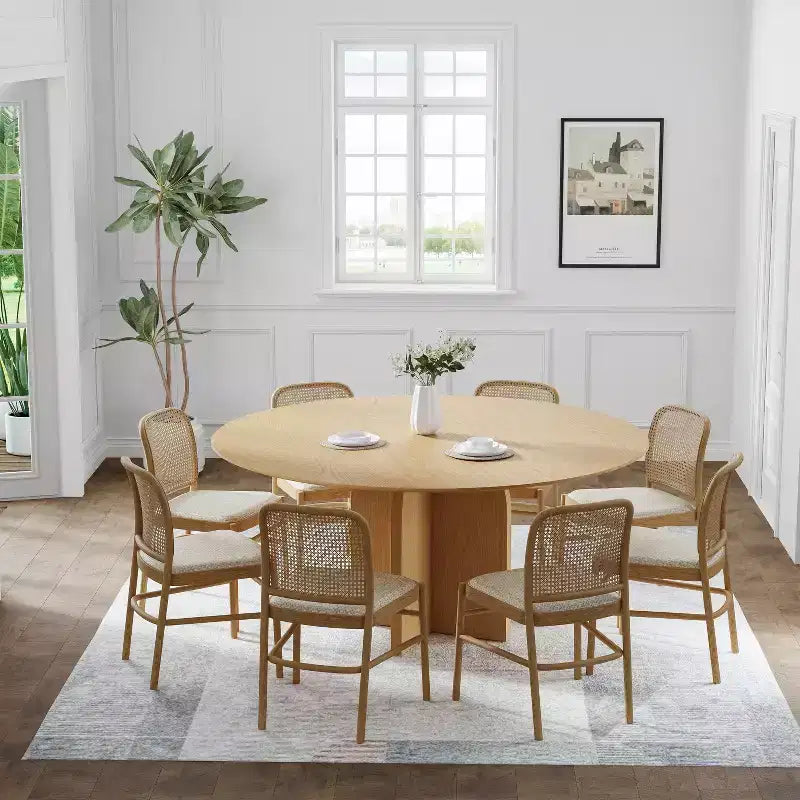 PexFix 59 x 59 Tavolo da Pranzo Rotondo in Legno Massello con Finitura Naturale ed Eleganti Gambe Ad Arco per Sale da Pranzo e Cucine Moderne