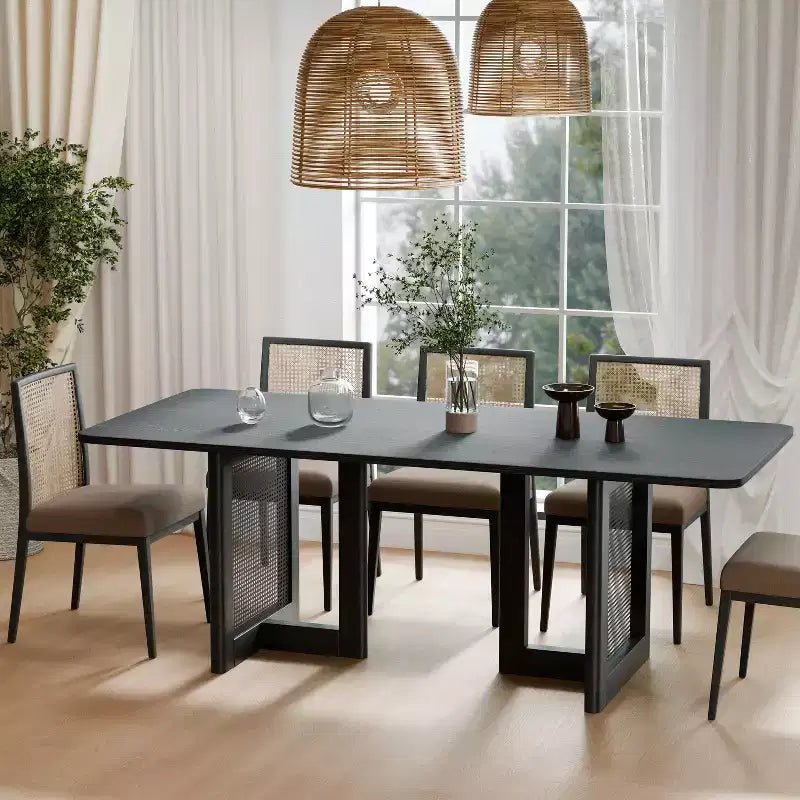 PexFix 79 x 33.5 Tavolo da Pranzo da Cucina Rustico, Quadrato, Nero con Gambe in Rattan Intrecciato per Cucina, Bar, Soggiorno