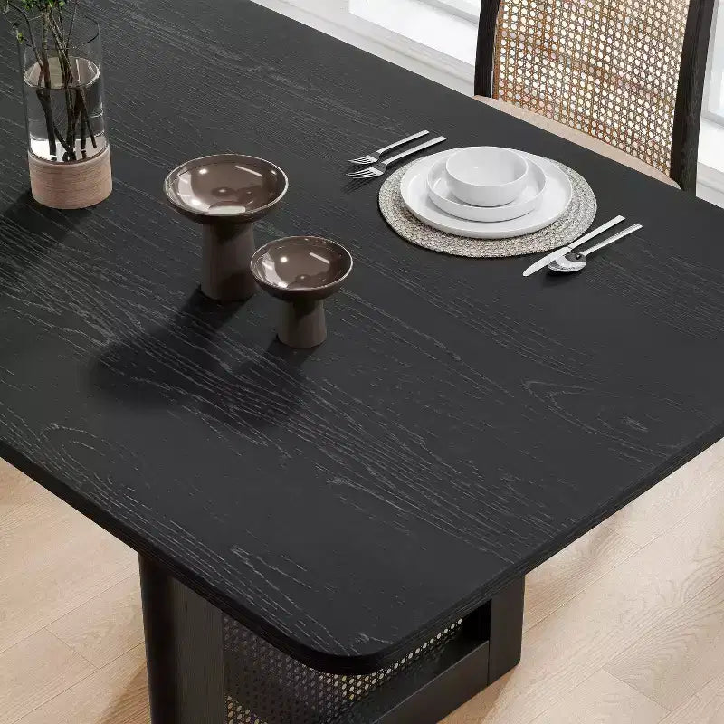 PexFix 79 x 33.5 Tavolo da Pranzo da Cucina Rustico, Quadrato, Nero con Gambe in Rattan Intrecciato per Cucina, Bar, Soggiorno