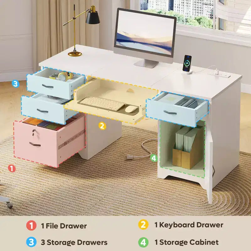 Bestier Scrivania da ufficio da 150 cm con stazione di ricarica e vassoio per tastiera, scrivania direzionale moderna per computer con cassetti e armadietti per studio e camera da letto