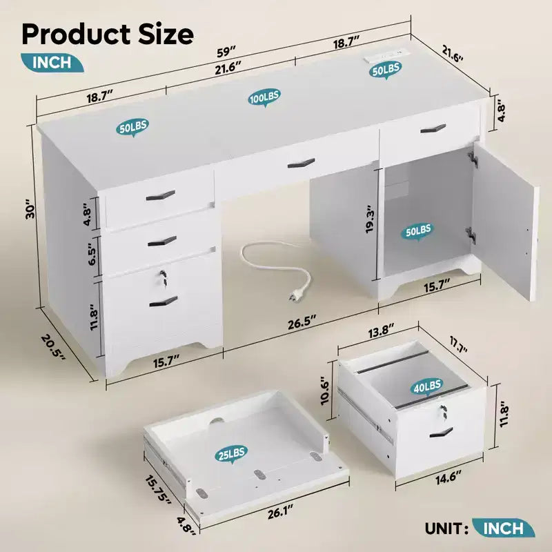 Bestier Scrivania da ufficio da 150 cm con stazione di ricarica e vassoio per tastiera, scrivania direzionale moderna per computer con cassetti e armadietti per studio e camera da letto