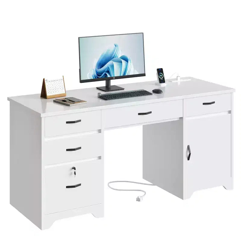 Bestier Scrivania da ufficio da 150 cm con stazione di ricarica e vassoio per tastiera, scrivania direzionale moderna per computer con cassetti e armadietti per studio e camera da letto