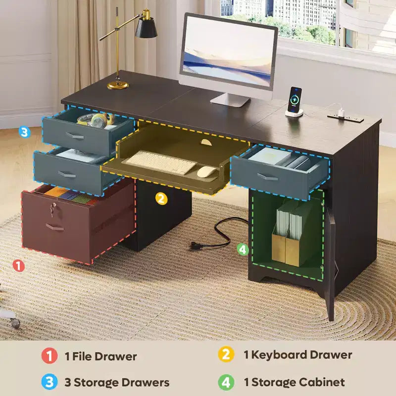 Bestier Scrivania da ufficio da 150 cm con stazione di ricarica e vassoio per tastiera, scrivania direzionale moderna per computer con cassetti e armadietti per studio e camera da letto