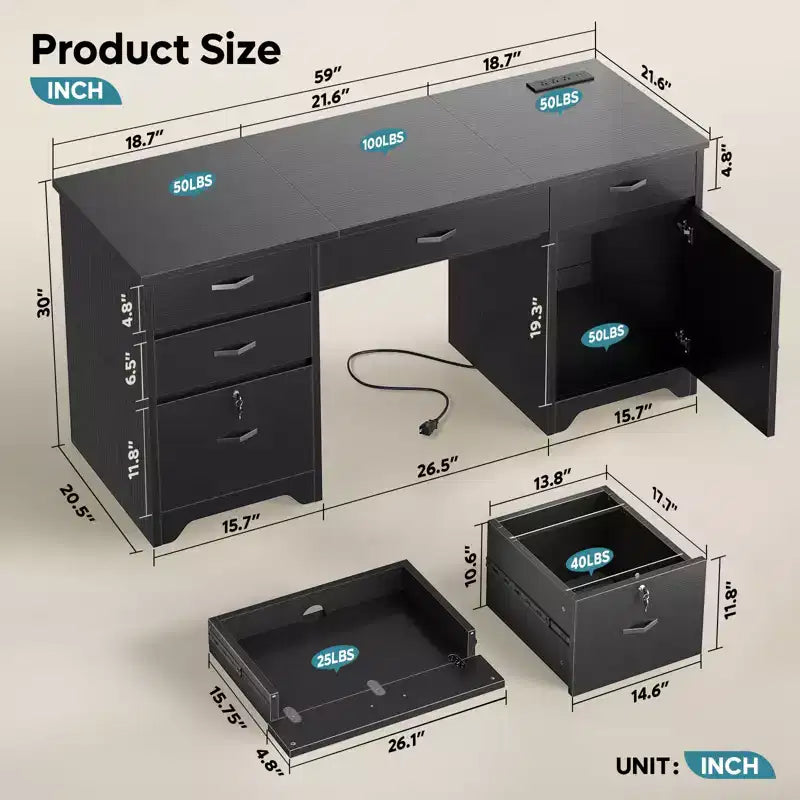 Bestier Scrivania da ufficio da 150 cm con stazione di ricarica e vassoio per tastiera, scrivania direzionale moderna per computer con cassetti e armadietti per studio e camera da letto