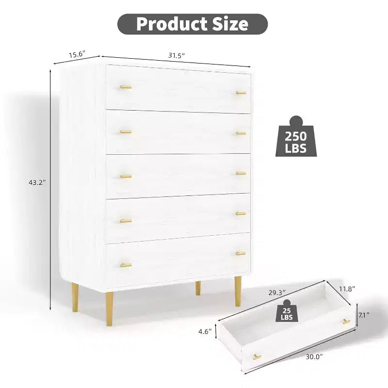 Comò per camera da letto, cassettiera alta 44 con 5 cassetti, cassettiera con contenitore, comò in legno vintage per armadio, soggiorno, corridoio