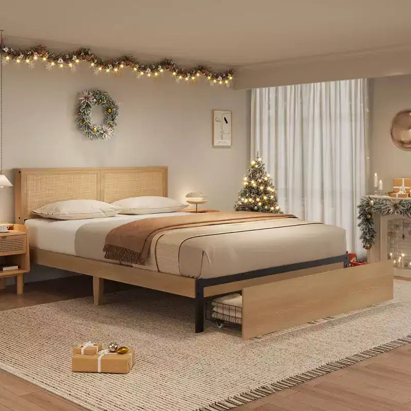 TROPOW Struttura Letto in Rattan con 2 Cassetti, Base Letto in Legno con Testiera in Rattan, Struttura Letto Contenitore, Nessuna Rete a Molle Necessaria, Rovere Naturale