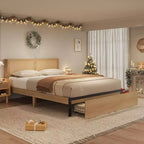 TROPOW Struttura Letto in Rattan con 2 Cassetti, Base Letto in Legno con Testiera in Rattan, Struttura Letto Contenitore, Nessuna Rete a Molle Necessaria, Rovere Naturale