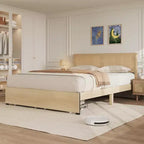 TROPOW Struttura Letto in Rattan con 2 Cassetti, Base Letto in Legno con Testiera in Rattan, Struttura Letto Contenitore, Nessuna Rete a Molle Necessaria, Rovere Naturale
