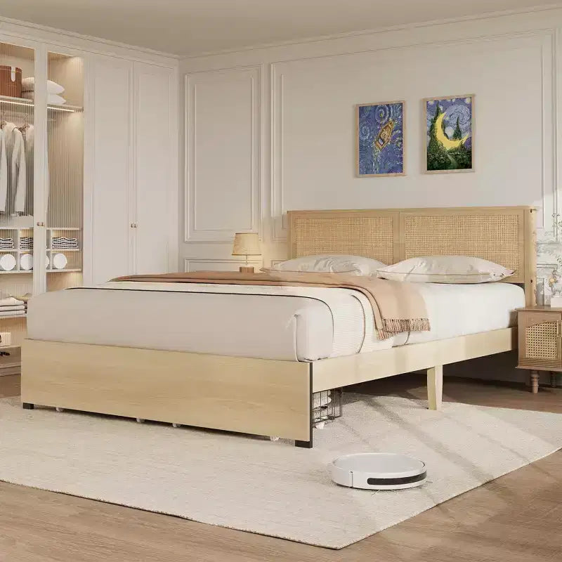 TROPOW Struttura Letto in Rattan con 2 Cassetti, Base Letto in Legno con Testiera in Rattan, Struttura Letto Contenitore, Nessuna Rete a Molle Necessaria, Rovere Naturale