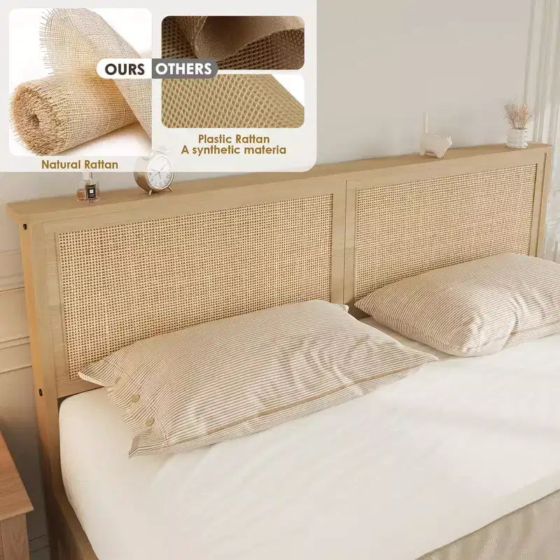TROPOW Struttura Letto in Rattan con 2 Cassetti, Base Letto in Legno con Testiera in Rattan, Struttura Letto Contenitore, Nessuna Rete a Molle Necessaria, Rovere Naturale