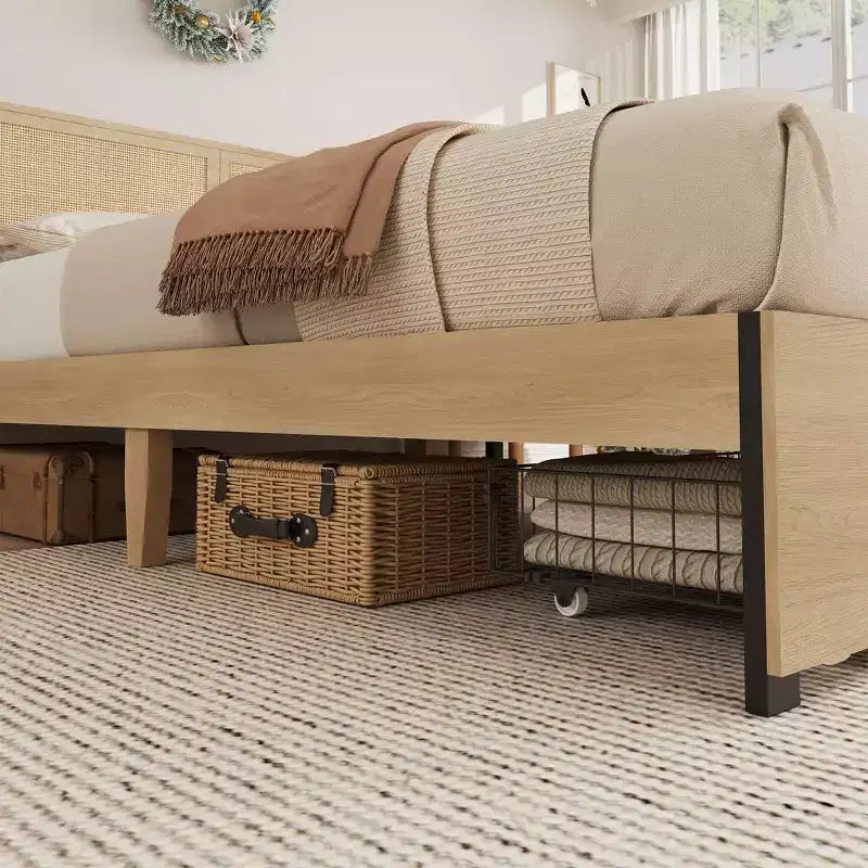 TROPOW Struttura Letto in Rattan con 2 Cassetti, Base Letto in Legno con Testiera in Rattan, Struttura Letto Contenitore, Nessuna Rete a Molle Necessaria, Rovere Naturale