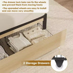 TROPOW Struttura Letto in Rattan con 2 Cassetti, Base Letto in Legno con Testiera in Rattan, Struttura Letto Contenitore, Nessuna Rete a Molle Necessaria, Rovere Naturale