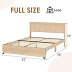 TROPOW Struttura Letto in Rattan con 2 Cassetti, Base Letto in Legno con Testiera in Rattan, Struttura Letto Contenitore, Nessuna Rete a Molle Necessaria, Rovere Naturale