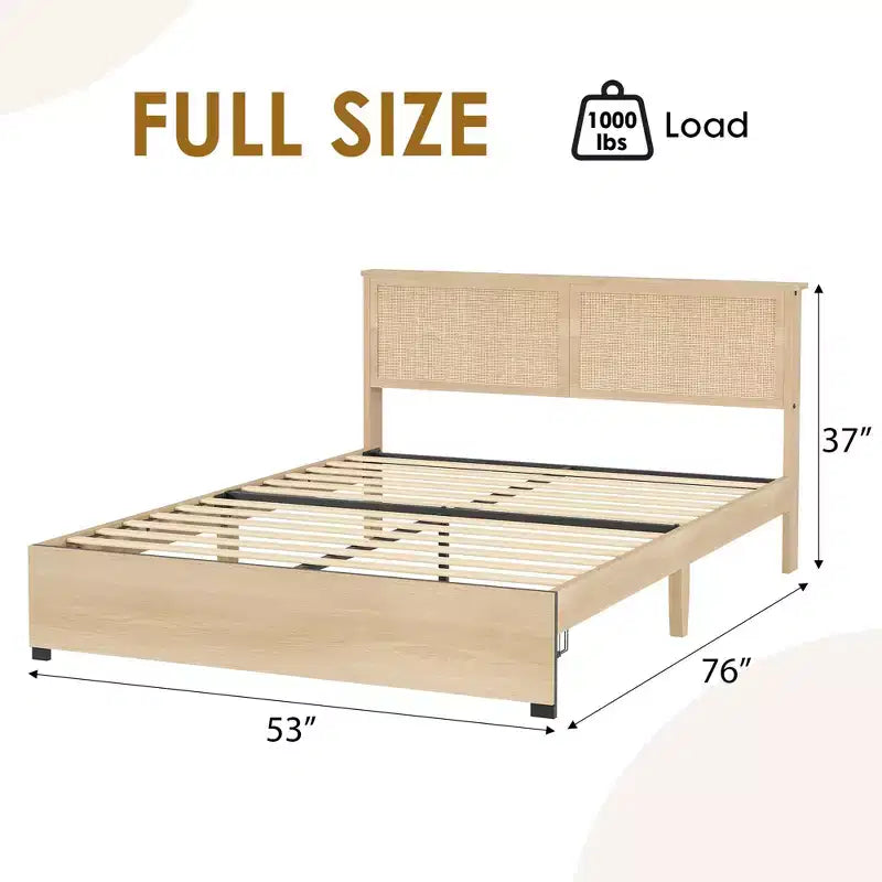 TROPOW Struttura Letto in Rattan con 2 Cassetti, Base Letto in Legno con Testiera in Rattan, Struttura Letto Contenitore, Nessuna Rete a Molle Necessaria, Rovere Naturale