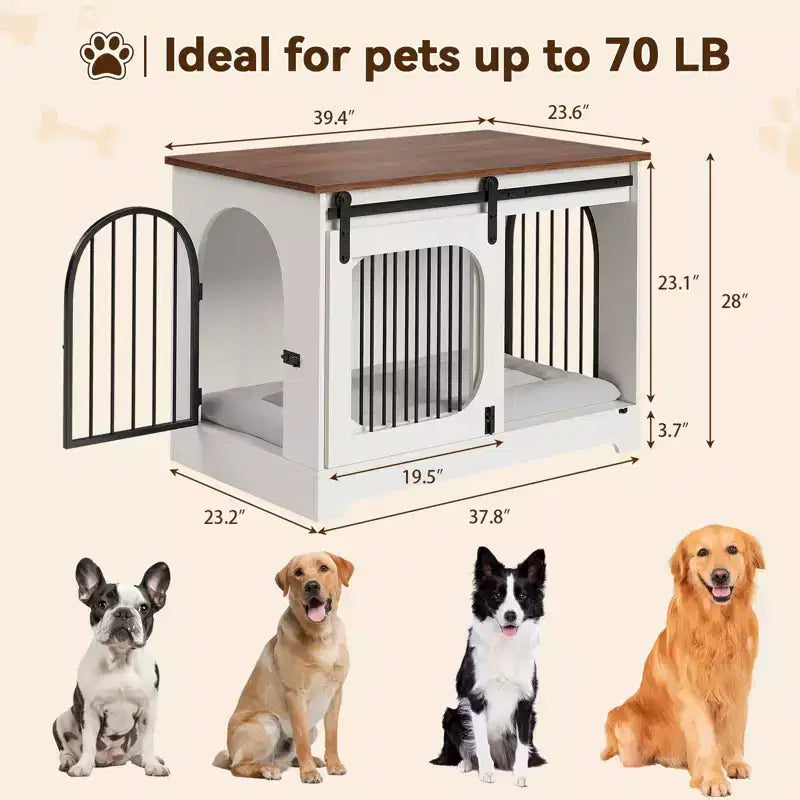 Mobili Cuccia per Cani - Gabbia in Legno con 3 Porte e Tappetino, Tavolino Multifunzionale