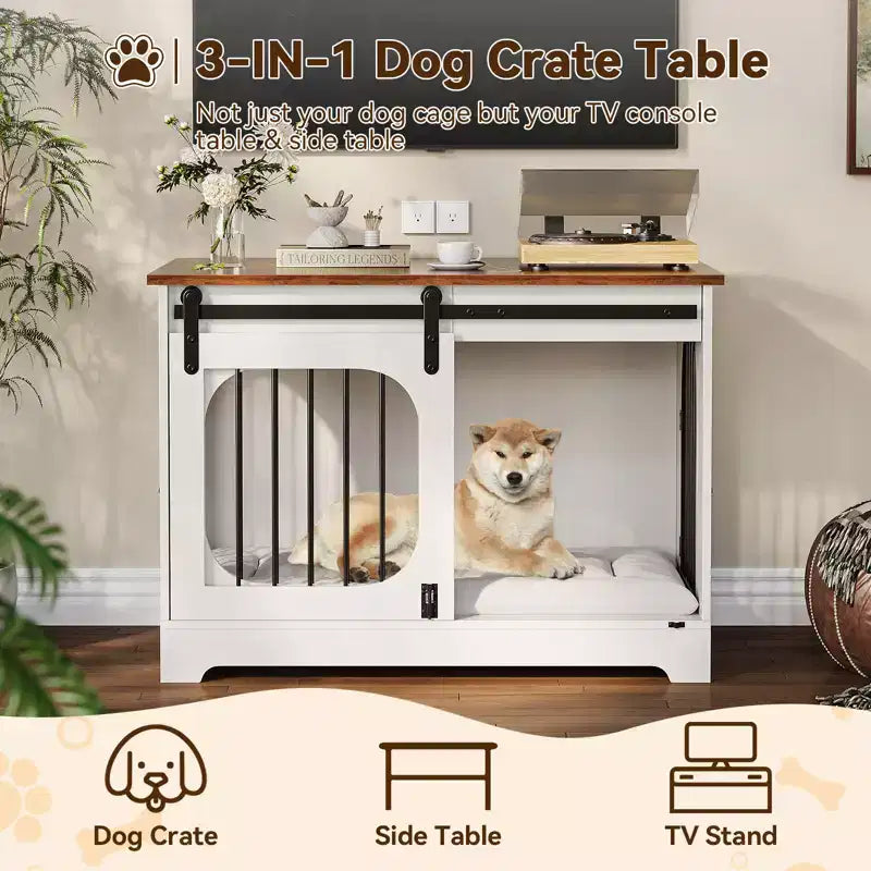 Mobili Cuccia per Cani - Gabbia in Legno con 3 Porte e Tappetino, Tavolino Multifunzionale