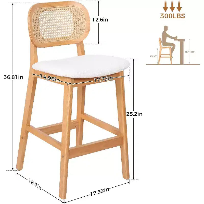 Sgabelli da bar in rattan Mid Century Modern, altezza bancone con rivestimento in similpelle/tessuto Bouclé e schienale in rattan per isola cucina