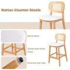 Sgabelli da bar in rattan Mid Century Modern, altezza bancone con rivestimento in similpelle/tessuto Bouclé e schienale in rattan per isola cucina