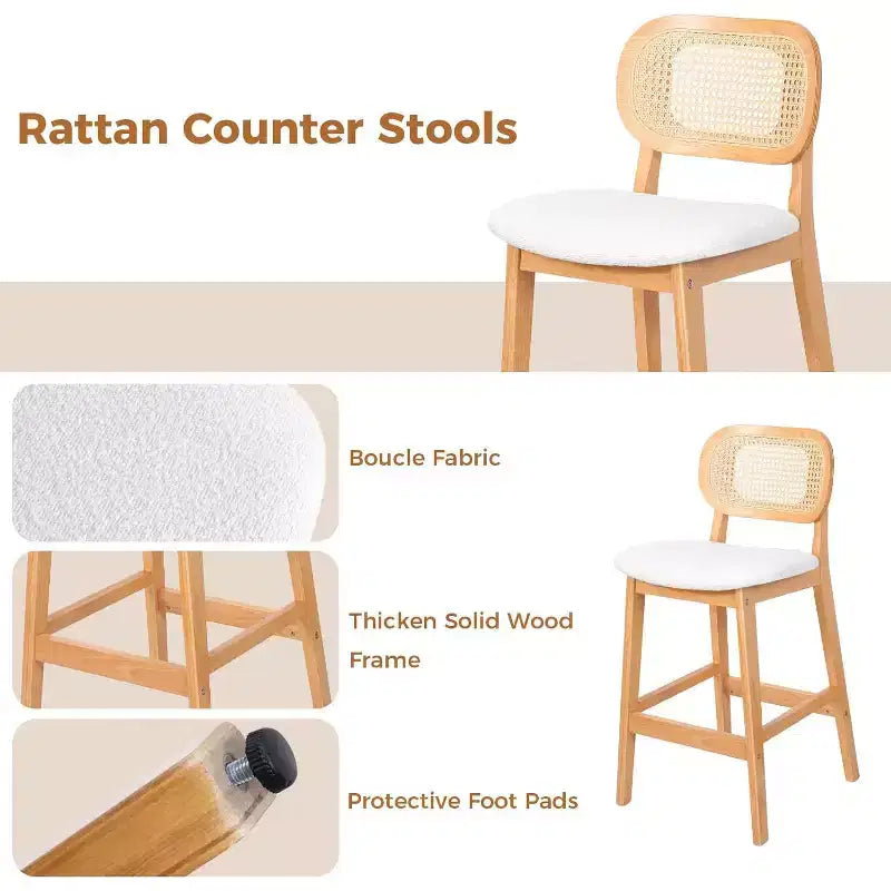 Sgabelli da bar in rattan Mid Century Modern, altezza bancone con rivestimento in similpelle/tessuto Bouclé e schienale in rattan per isola cucina