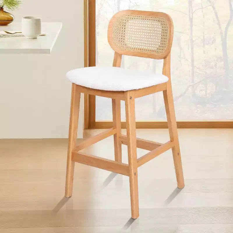 Sgabelli da bar in rattan Mid Century Modern, altezza bancone con rivestimento in similpelle/tessuto Bouclé e schienale in rattan per isola cucina