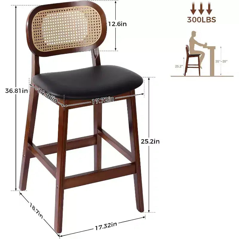 Sgabelli da bar in rattan Mid Century Modern, altezza bancone con rivestimento in similpelle/tessuto Bouclé e schienale in rattan per isola cucina
