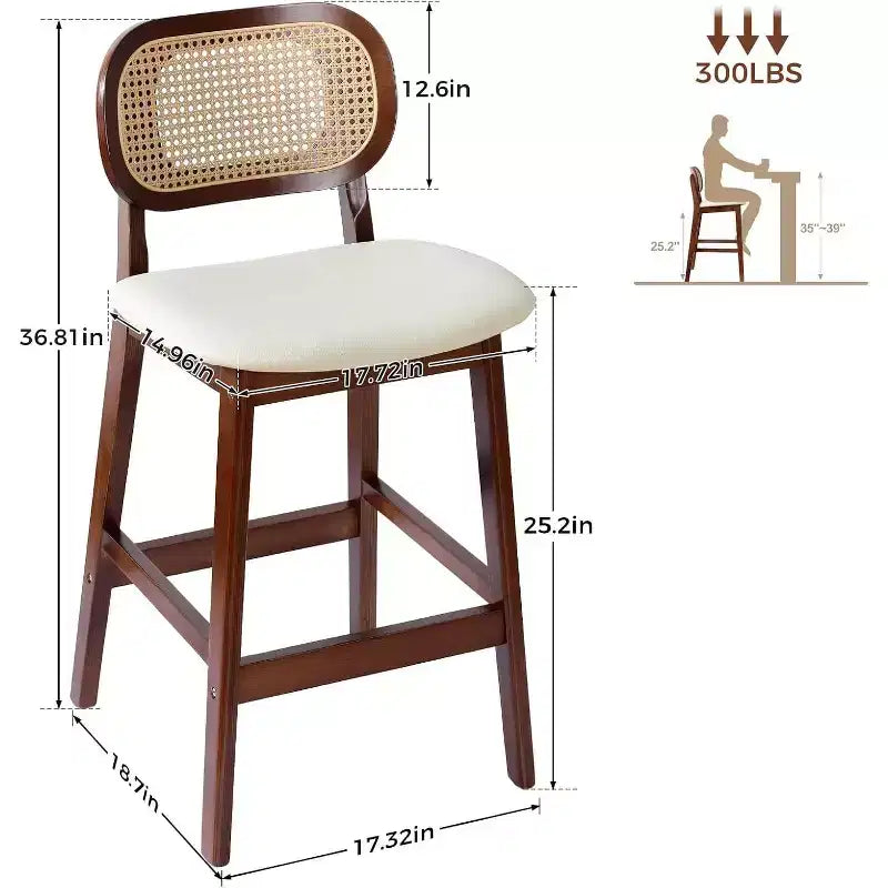 Sgabelli da bar in rattan Mid Century Modern, altezza bancone con rivestimento in similpelle/tessuto Bouclé e schienale in rattan per isola cucina