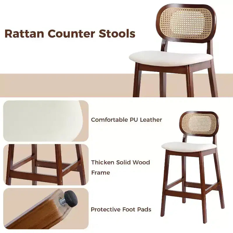 Sgabelli da bar in rattan Mid Century Modern, altezza bancone con rivestimento in similpelle/tessuto Bouclé e schienale in rattan per isola cucina