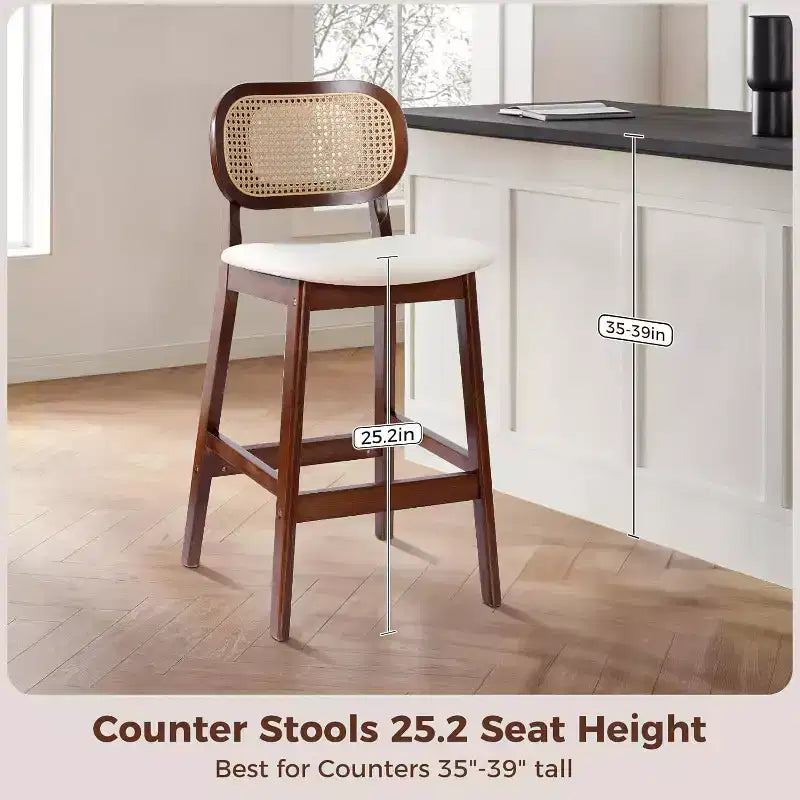 Sgabelli da bar in rattan Mid Century Modern, altezza bancone con rivestimento in similpelle/tessuto Bouclé e schienale in rattan per isola cucina