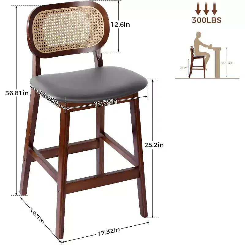 Sgabelli da bar in rattan Mid Century Modern, altezza bancone con rivestimento in similpelle/tessuto Bouclé e schienale in rattan per isola cucina