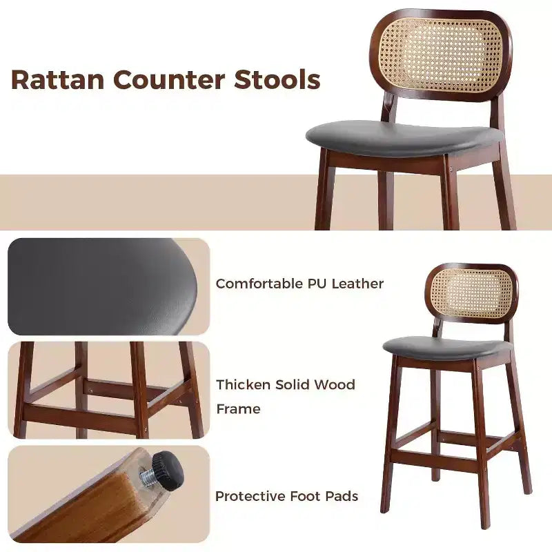 Sgabelli da bar in rattan Mid Century Modern, altezza bancone con rivestimento in similpelle/tessuto Bouclé e schienale in rattan per isola cucina