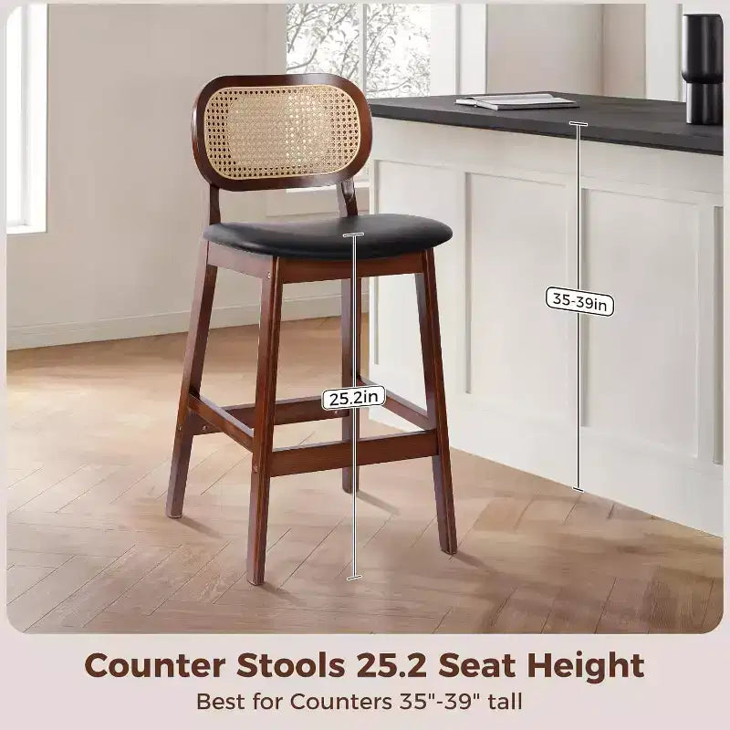 Sgabelli da bar in rattan Mid Century Modern, altezza bancone con rivestimento in similpelle/tessuto Bouclé e schienale in rattan per isola cucina