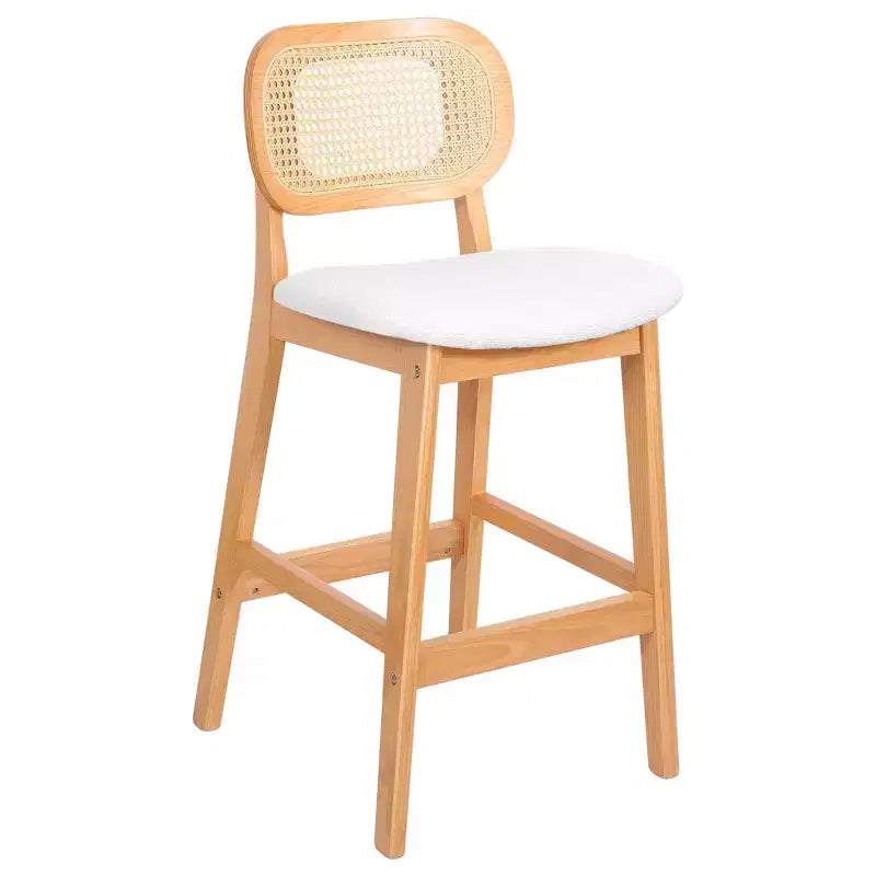 Sgabelli da bar in rattan Mid Century Modern, altezza bancone con rivestimento in similpelle/tessuto Bouclé e schienale in rattan per isola cucina