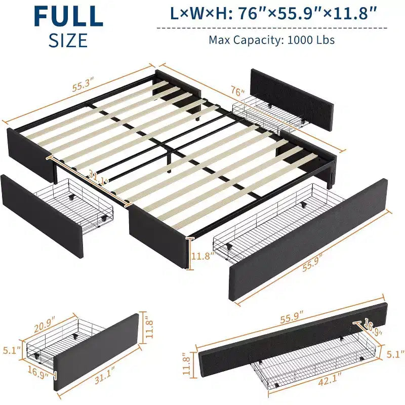 Struttura letto con 3 cassetti portaoggetti, letto a piattaforma rivestito in tessuto, supporto a doghe in legno, nessun box spring necessario, silenzioso, facile da montare, grigio