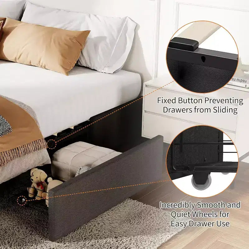 Struttura letto con 3 cassetti portaoggetti, letto a piattaforma rivestito in tessuto, supporto a doghe in legno, nessun box spring necessario, silenzioso, facile da montare, grigio