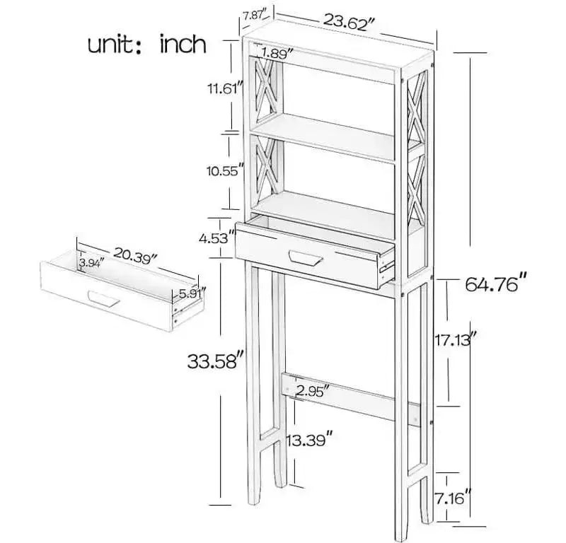 Mobile bagno Acekool da posizionare sopra il WC con 1 cassetto e 2 ripiani aperti, scaffale portaoggetti in legno autoportante per bagno, bianco