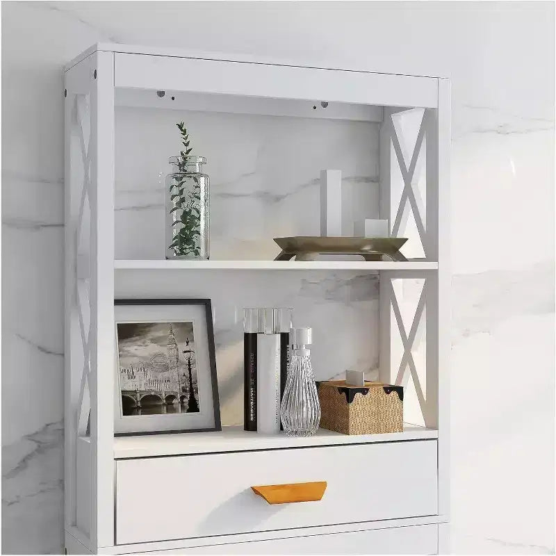 Mobile bagno Acekool da posizionare sopra il WC con 1 cassetto e 2 ripiani aperti, scaffale portaoggetti in legno autoportante per bagno, bianco