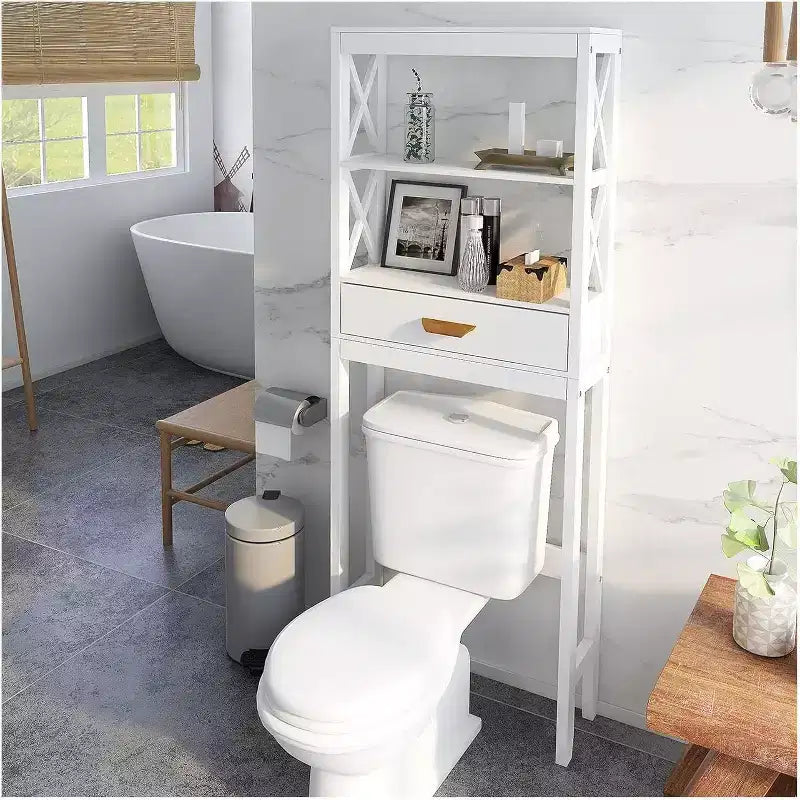 Mobile bagno Acekool da posizionare sopra il WC con 1 cassetto e 2 ripiani aperti, scaffale portaoggetti in legno autoportante per bagno, bianco