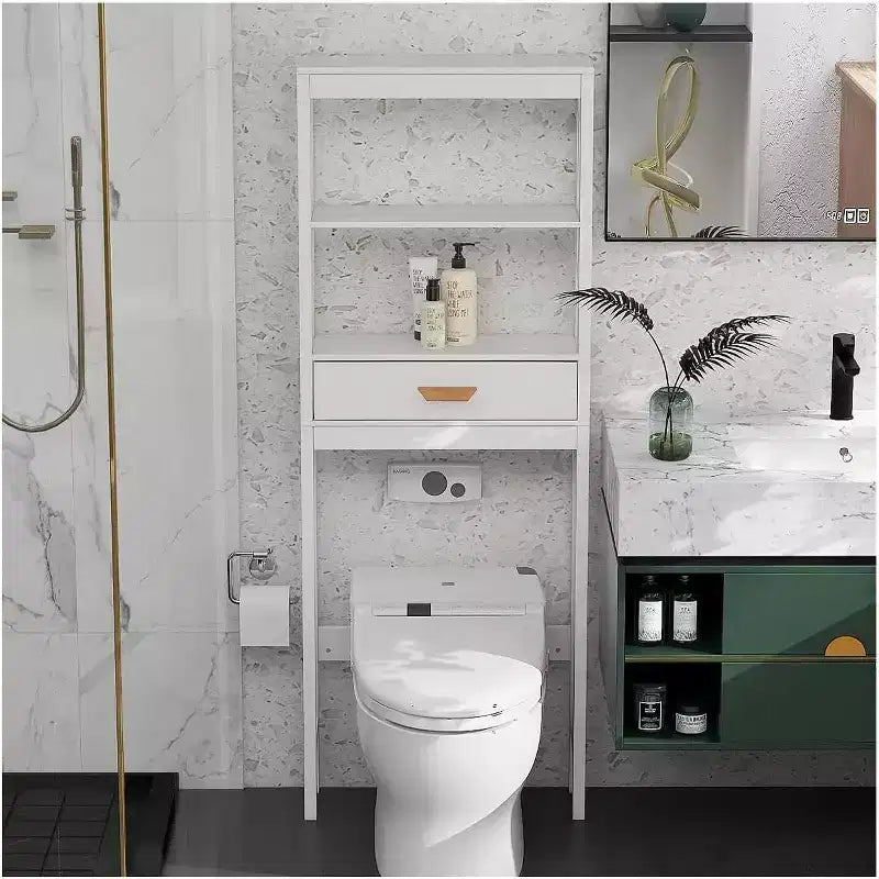 Mobile bagno Acekool da posizionare sopra il WC con 1 cassetto e 2 ripiani aperti, scaffale portaoggetti in legno autoportante per bagno, bianco