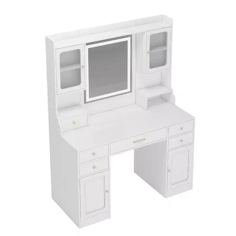 GDFStudio Velmora Tavolo da Trucco Moderno con Specchio e Luci, 6 Cassetti, 4 Armadietti e Ripiani