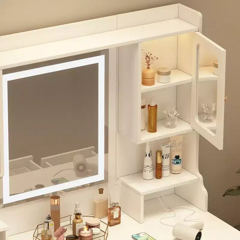 GDFStudio Velmora Tavolo da Trucco Moderno con Specchio e Luci, 6 Cassetti, 4 Armadietti e Ripiani