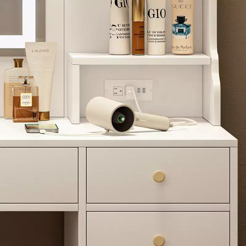 GDFStudio Velmora Tavolo da Trucco Moderno con Specchio e Luci, 6 Cassetti, 4 Armadietti e Ripiani