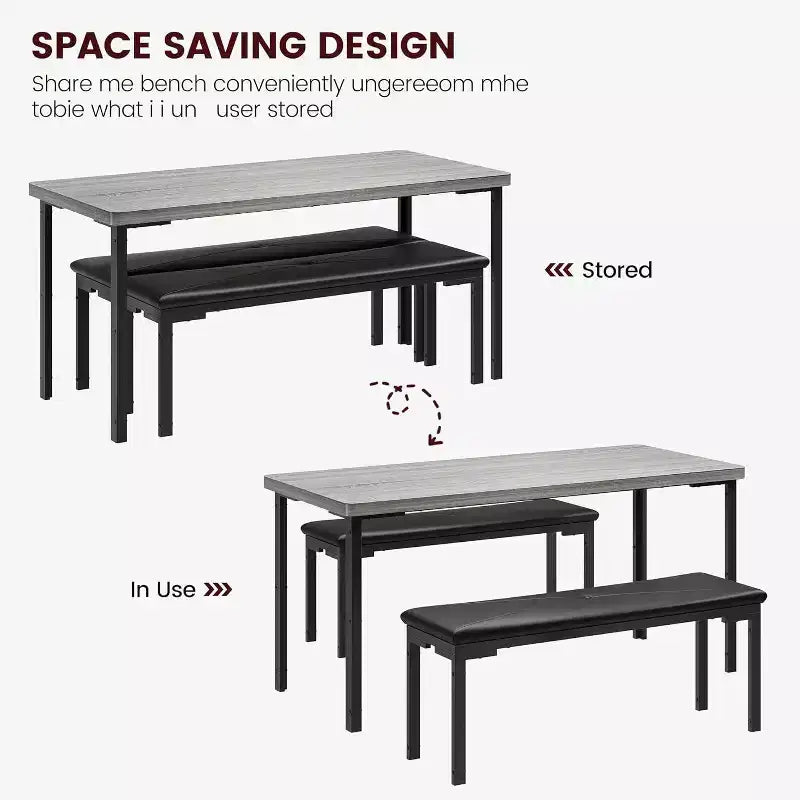 Set tavolo da pranzo 43.3 per 4 persone con 2 panche imbottite morbide, telaio in metallo, set tavolo da cucina rettangolare da 3 pezzi salvaspazio per la casa