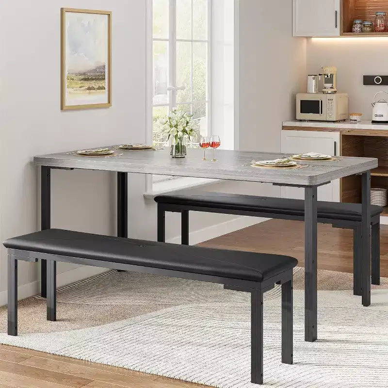 Set tavolo da pranzo 43.3 per 4 persone con 2 panche imbottite morbide, telaio in metallo, set tavolo da cucina rettangolare da 3 pezzi salvaspazio per la casa