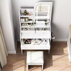 Set da toeletta moderno GDFStudio Draxen con specchio e LED, supporto per asciugacapelli, 3 cassetti e ripiani aperti