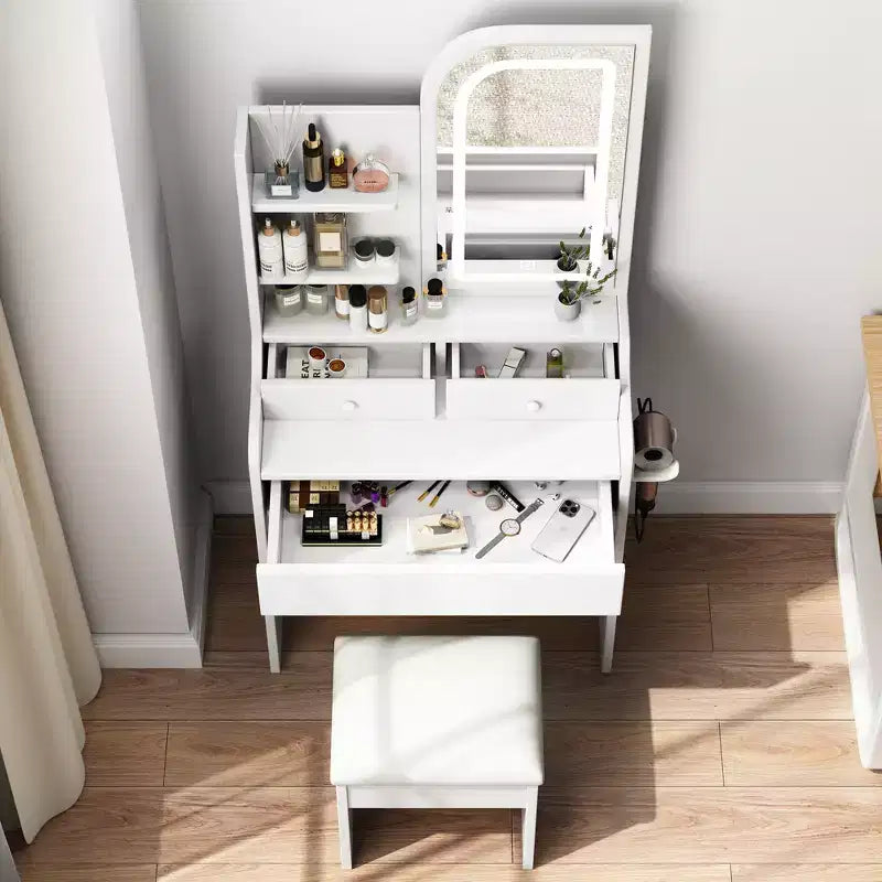 Set da toeletta moderno GDFStudio Draxen con specchio e LED, supporto per asciugacapelli, 3 cassetti e ripiani aperti