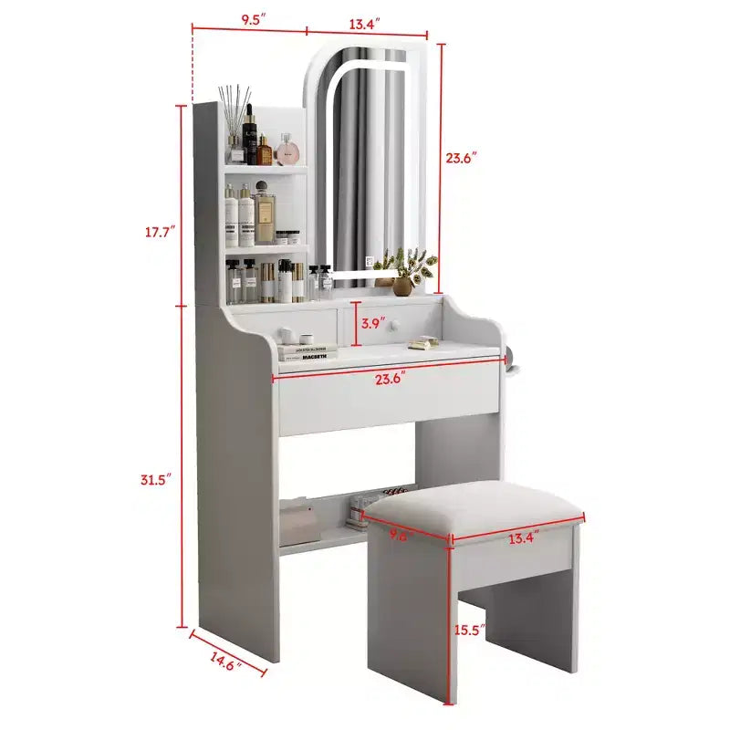 Set da toeletta moderno GDFStudio Draxen con specchio e LED, supporto per asciugacapelli, 3 cassetti e ripiani aperti