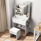 Set da toeletta moderno GDFStudio Draxen con specchio e LED, supporto per asciugacapelli, 3 cassetti e ripiani aperti